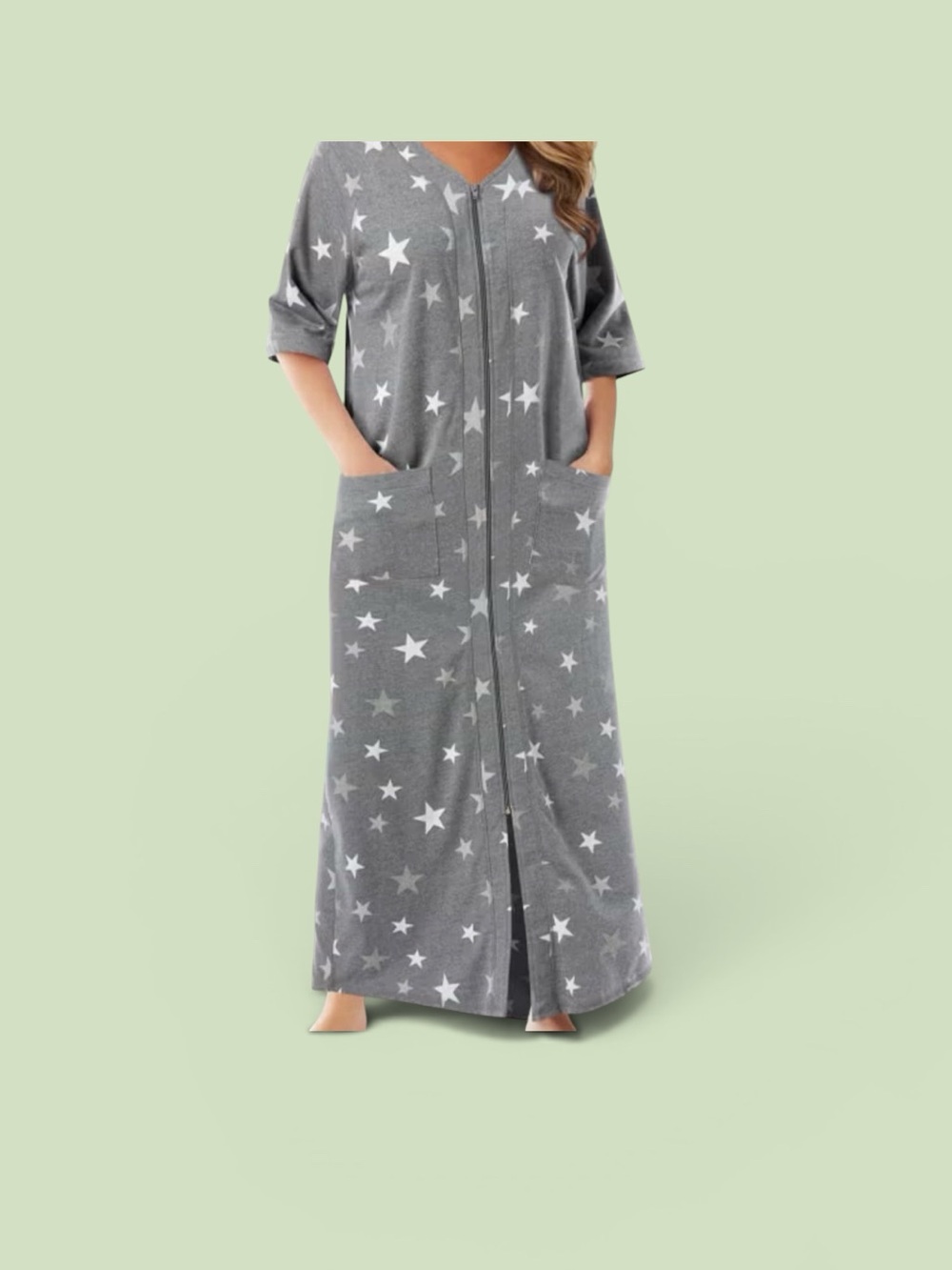 NWT Long French Terry Zip-Front Robe in Heather Grey 6X